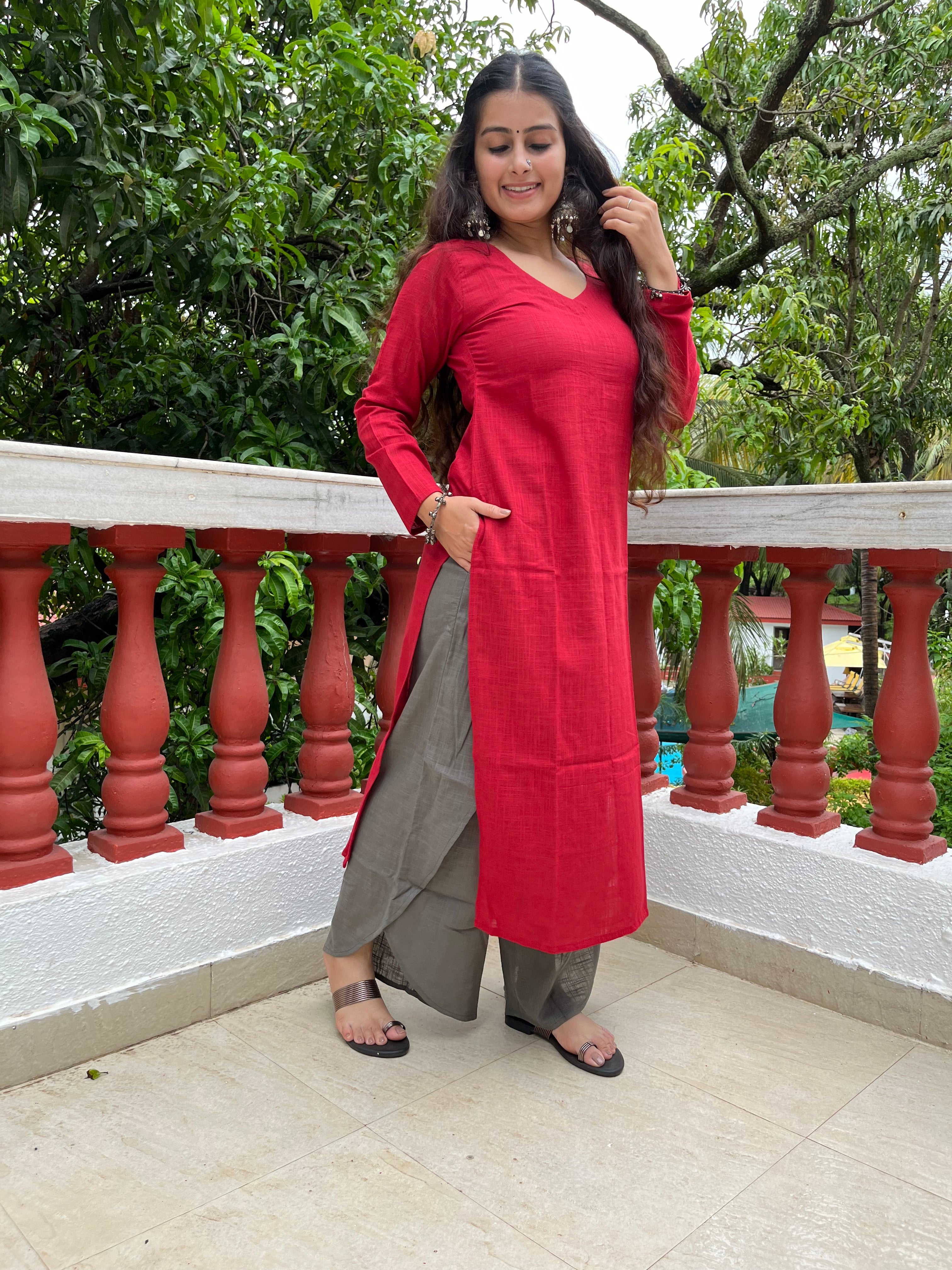 Maroon V neck Kurta with Grey Dhoti