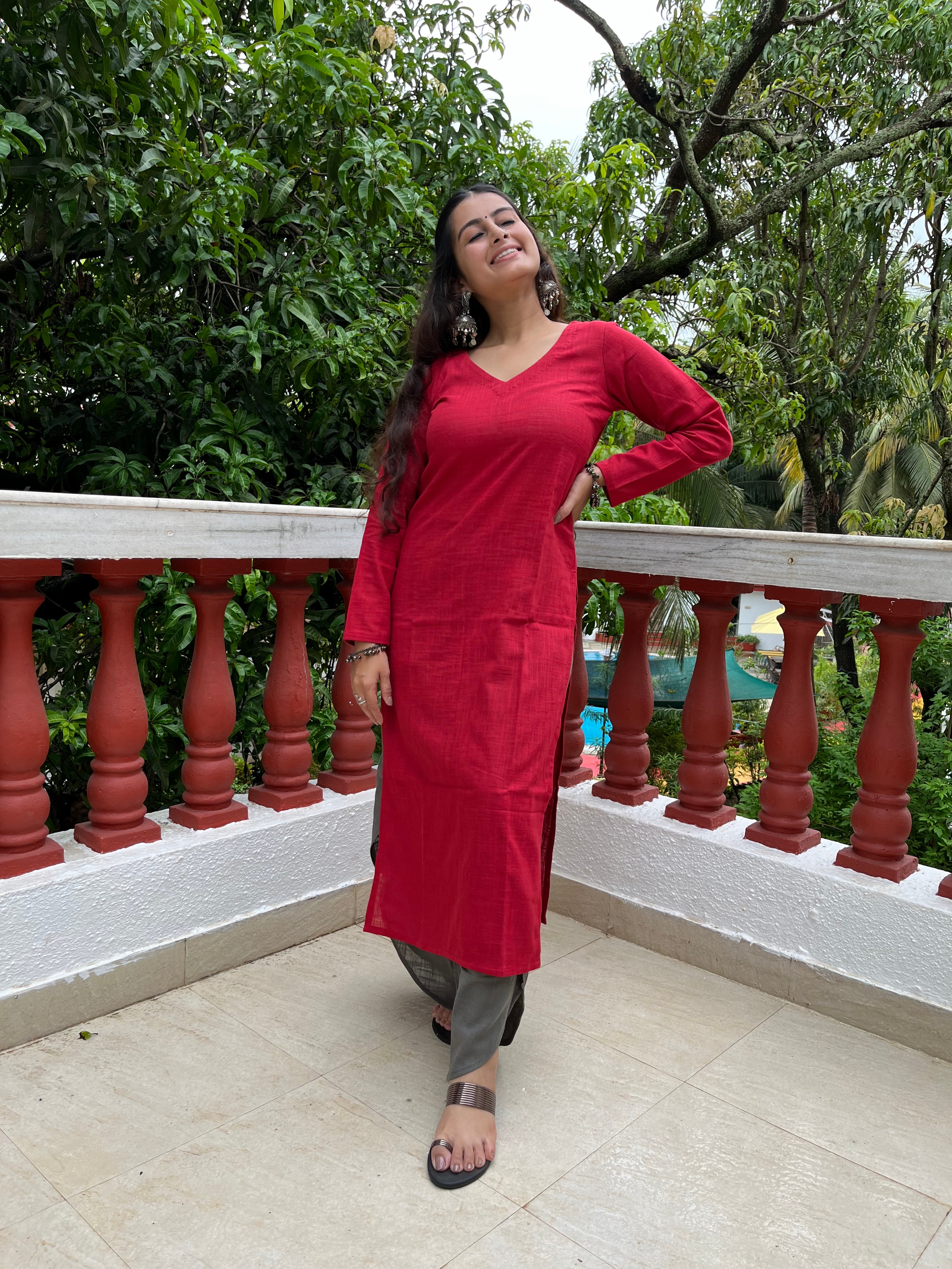 Maroon V neck Kurta with Grey Dhoti