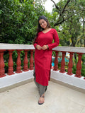 Maroon V neck Kurta with Grey Dhoti