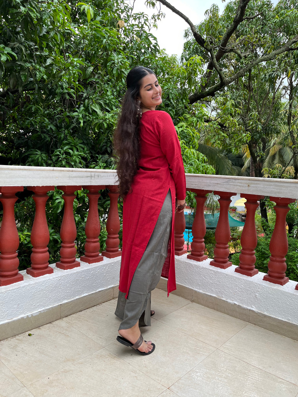 Maroon V neck Kurta with Grey Dhoti