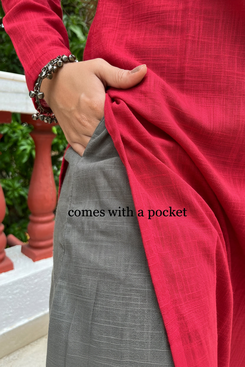 Maroon V neck Kurta with Grey Dhoti