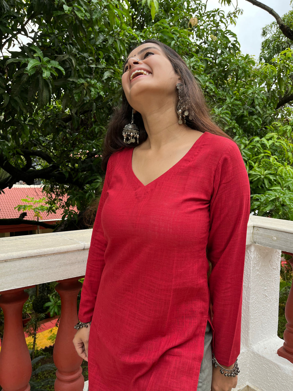 Maroon V neck Kurta with Grey Dhoti