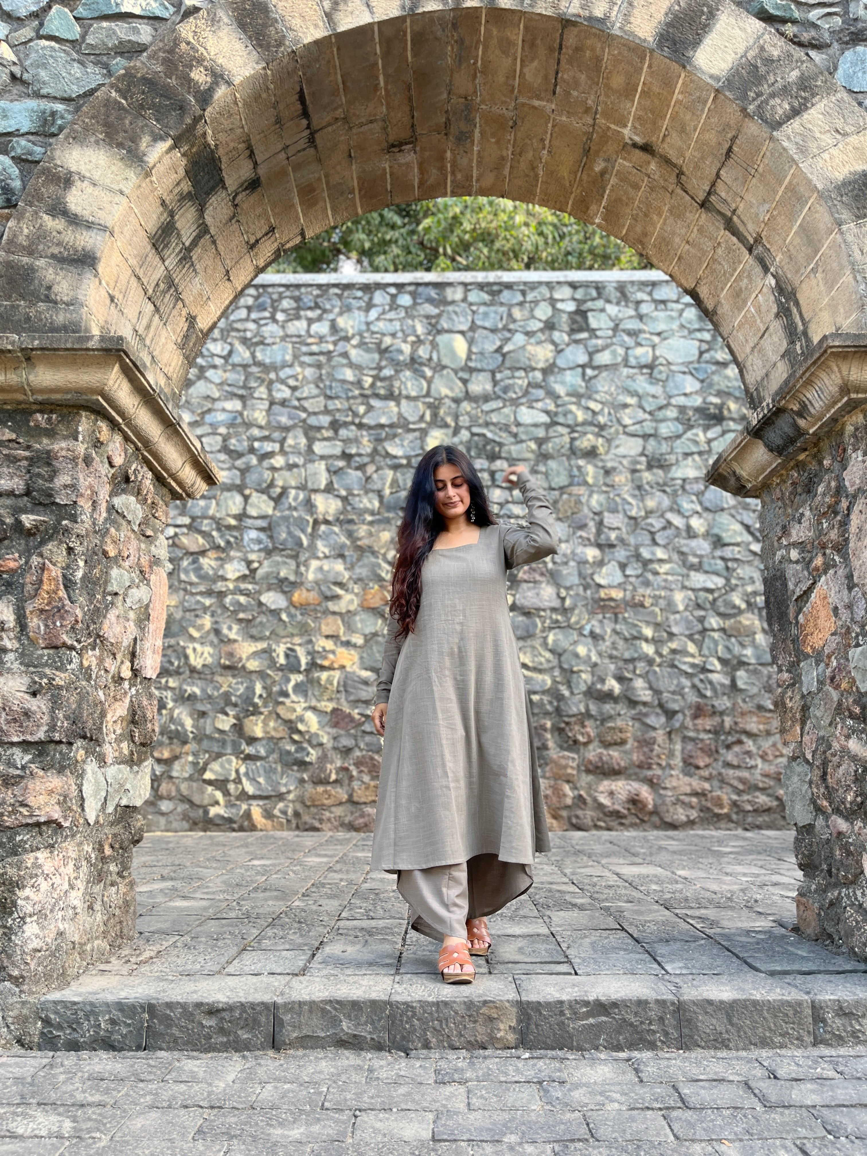 A-line kurta with dhoti pants in greige
