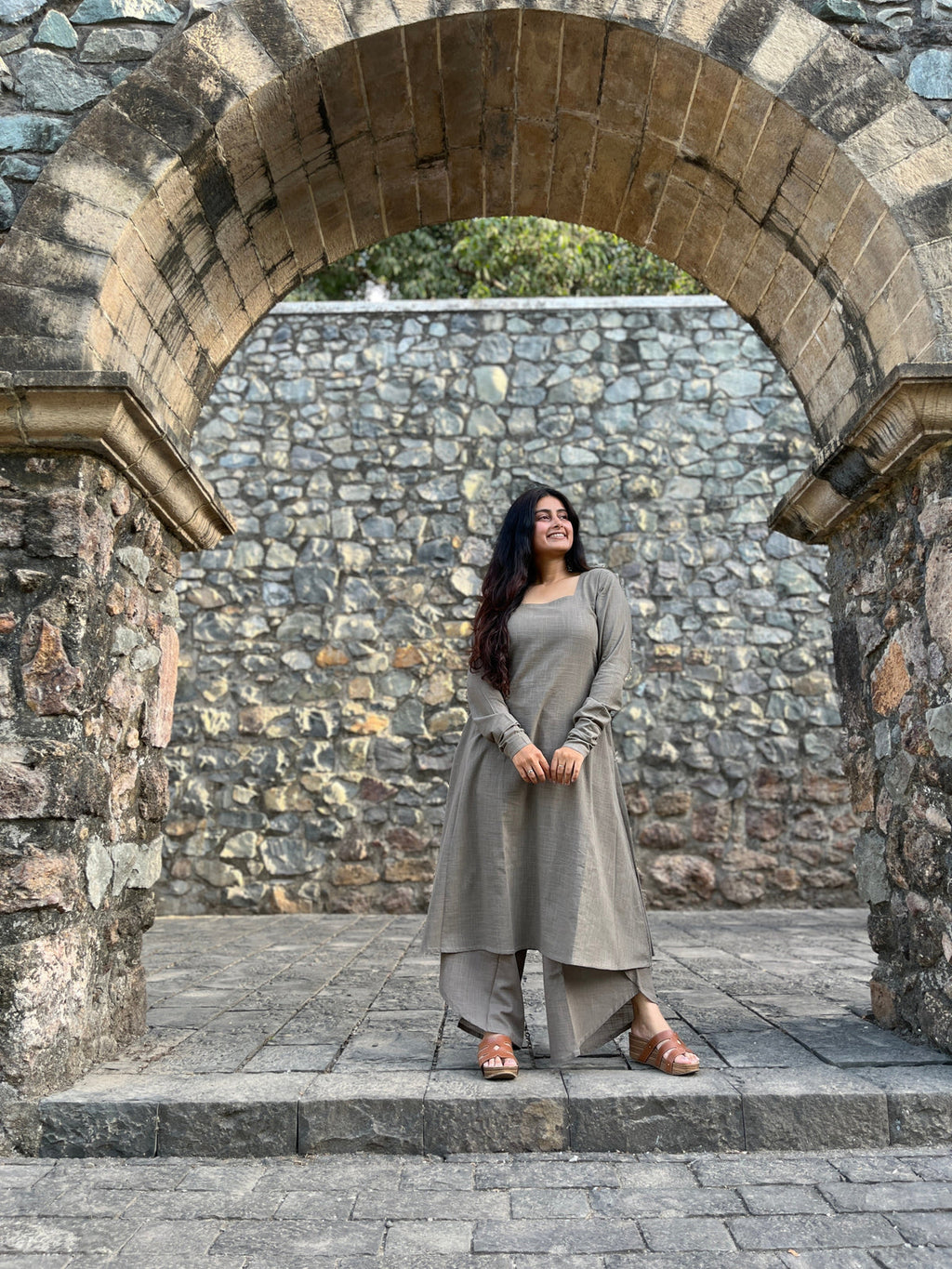 A-line kurta with dhoti pants in greige