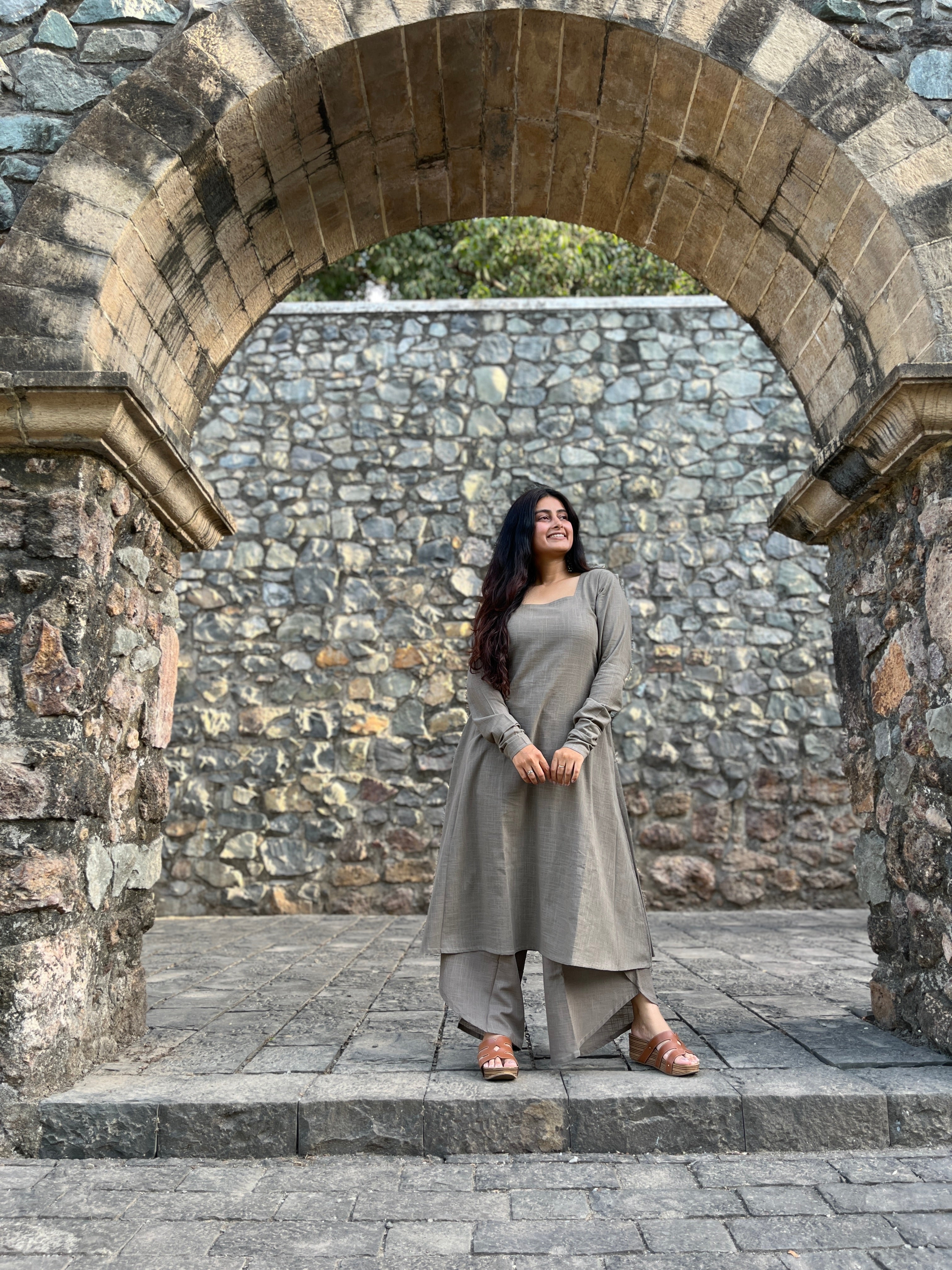A-line kurta with dhoti pants in greige