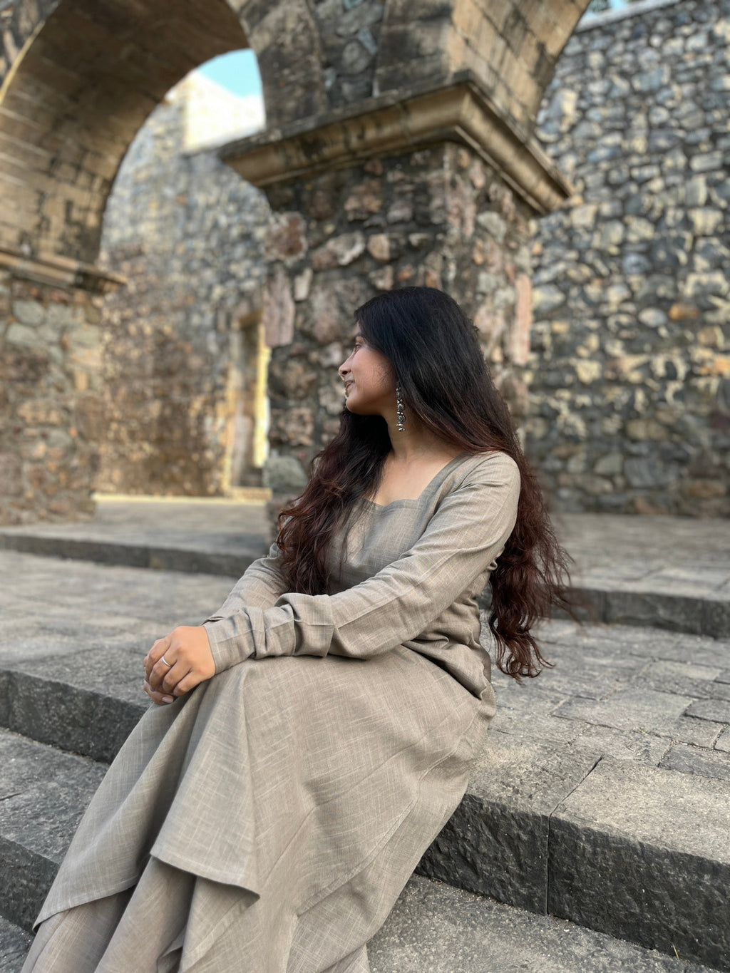 A-line kurta with dhoti pants in greige