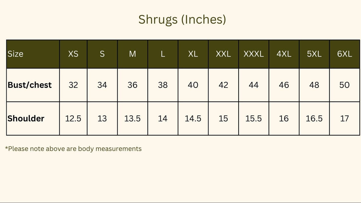 Shrug size chart