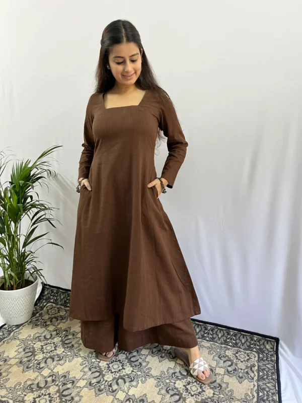 Pure Cotton Coffee brown Square neck Kurta Palazzo with Pant