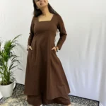 Square neck Kurta with Palazzo pants in Coffee Brown