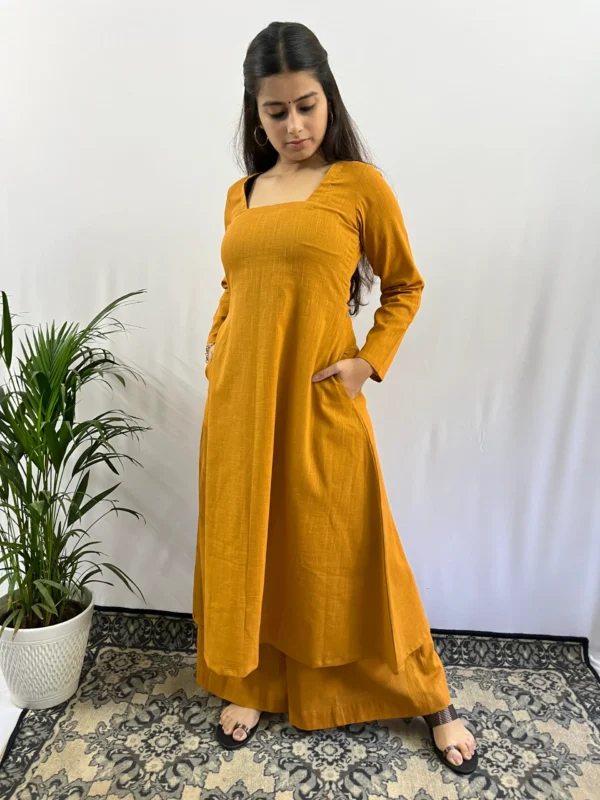 Pure Cotton Mustard yellow Square neck Kurta Palazzo with Pant