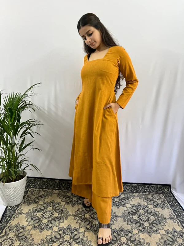 Pure Cotton Mustard yellow Square neck Kurta Palazzo with Pant