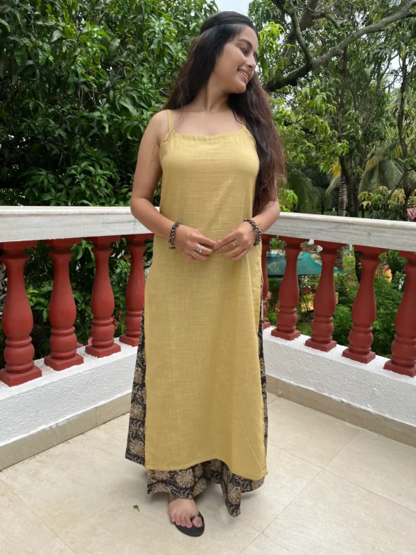 Sleeveless mellow yellow kurta with kalamkari palazzo