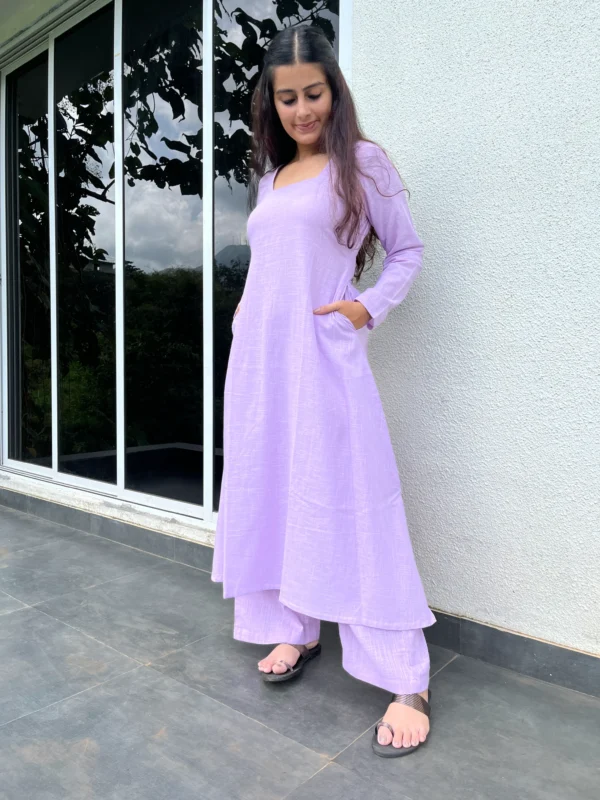 Square neck Kurta with Palazzo pants in Lilac