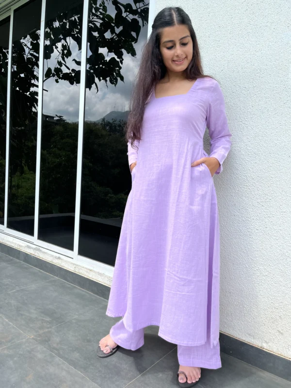 Square neck Kurta with Palazzo pants in Lilac