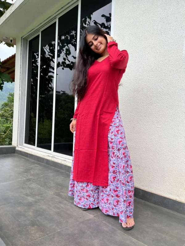 Maroon V neck Kurta with Kalamkari Palazzo