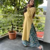 Daffodil V neck Kurta with Teal Green Kalamkari Palazzo