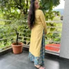 Daffodil V neck Kurta with Teal Green Kalamkari Palazzo
