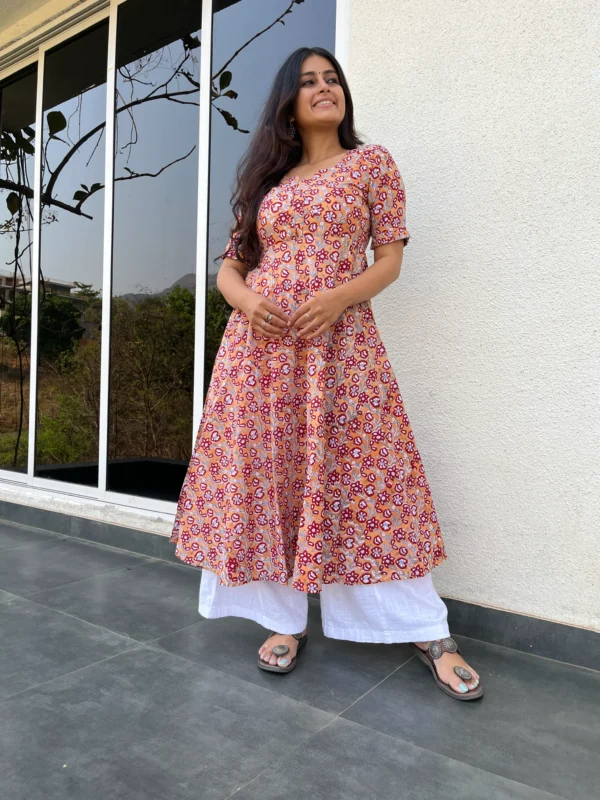 Yellow floral kurta with pocket