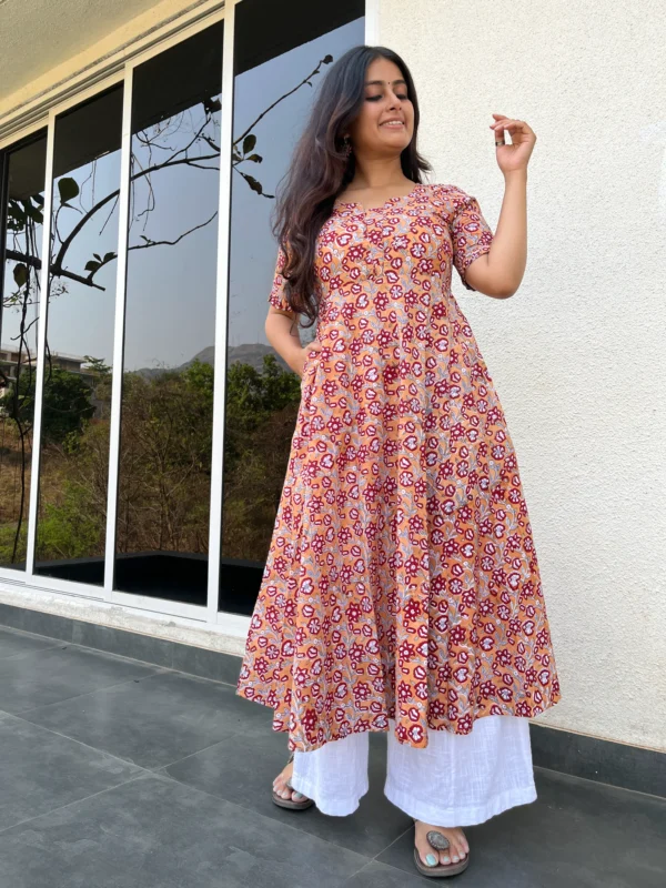 Yellow floral kurta with pocket