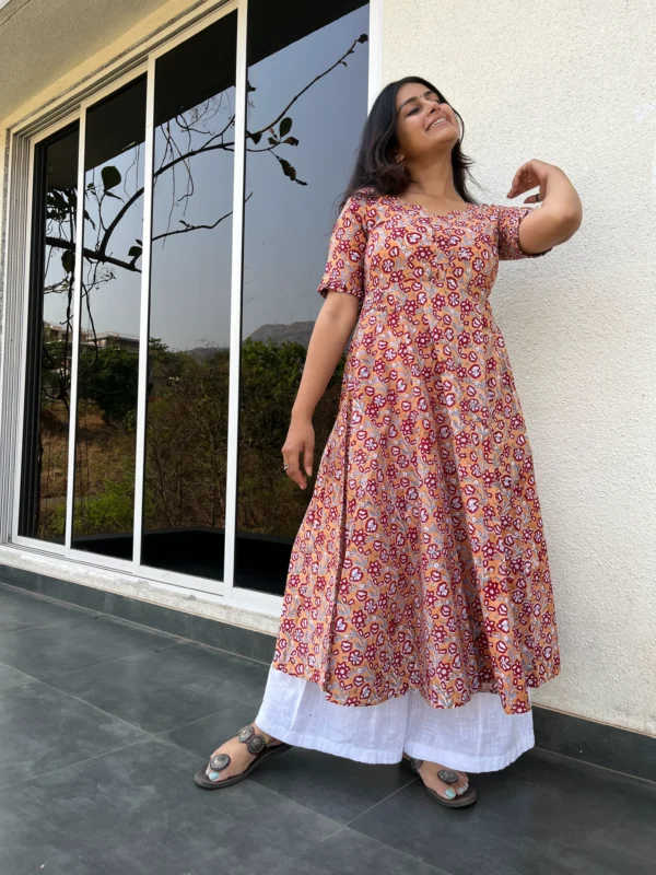 Yellow floral kurta with pocket
