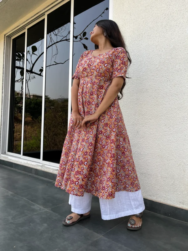 Yellow floral kurta with pocket