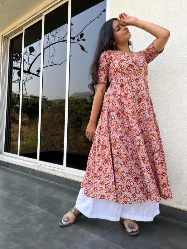 Yellow floral kurta with pocket