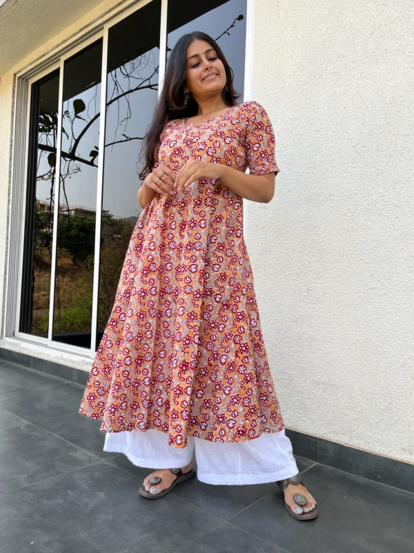 Yellow floral kurta with pocket